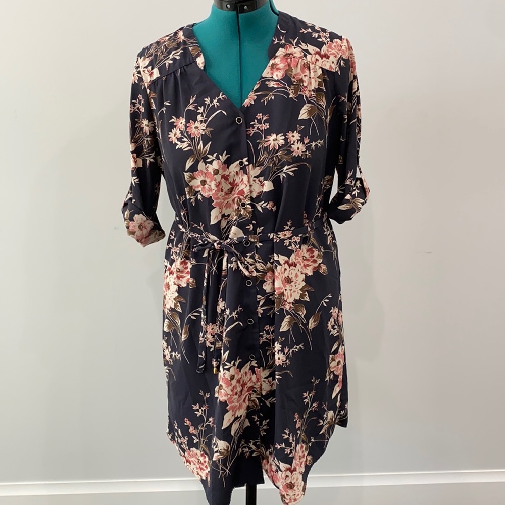 41 Hawthorn Navy Blue Belted Shirt dress w/ roll up sleeve Sz L